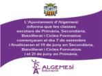 A Algemes les classes comenaran el dia 7 de setembre en Primria, Secundria, Batxillerat i Cicles Formatius