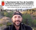 L'Ajuntament de Vva. de Castellón demana la col·laboració ciutadana per a localitzar al veí desaparegut